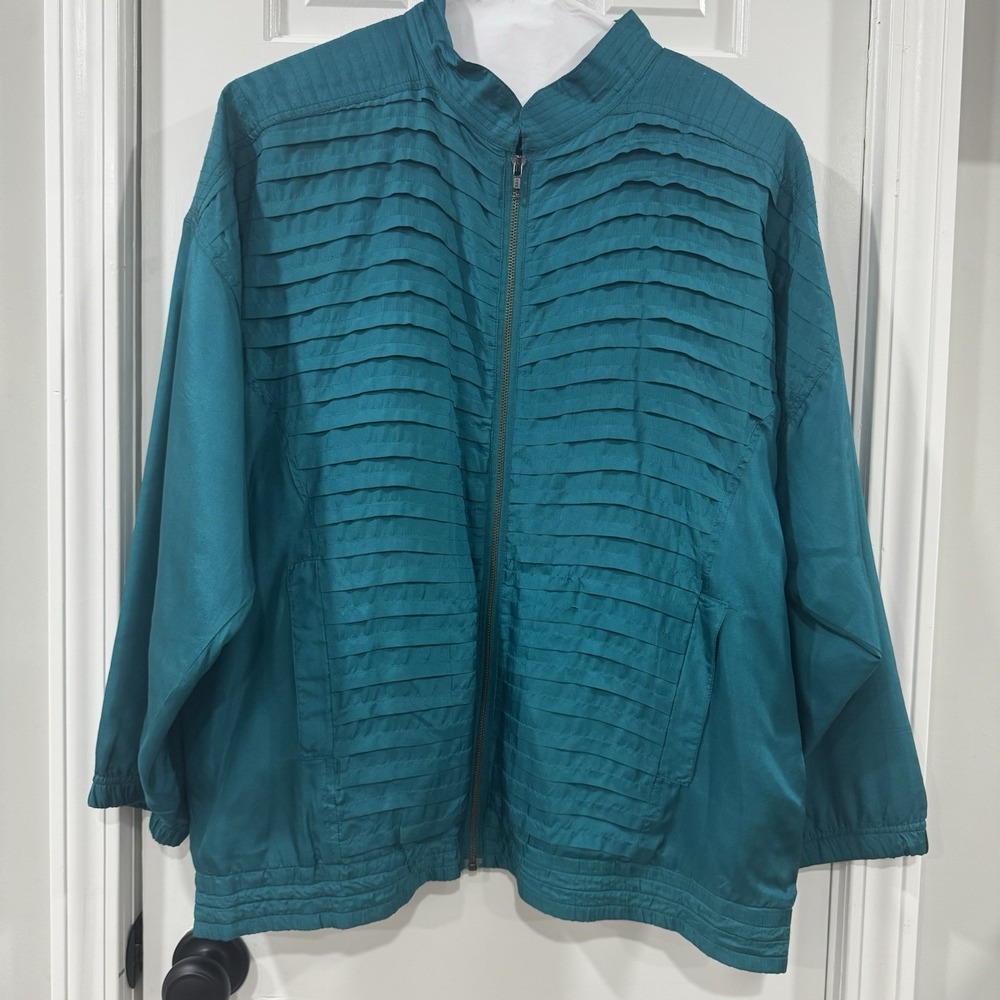 EVR Rousso 100% Silk Jacket Womens L Teal Pleated Shoulder Pads Vintage
